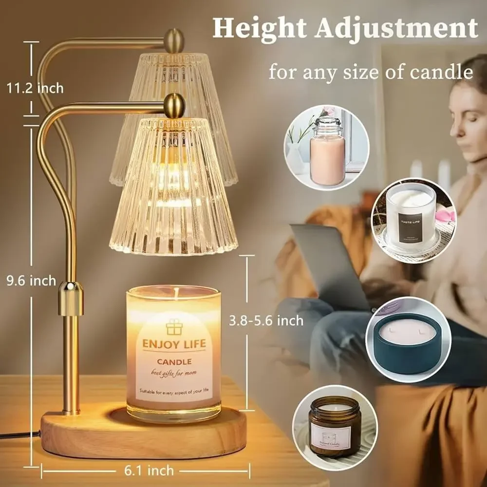 NEW Boxed White Glass Shade Gold Metal Arm Wood Stand Scented Candle Warmer Lamp